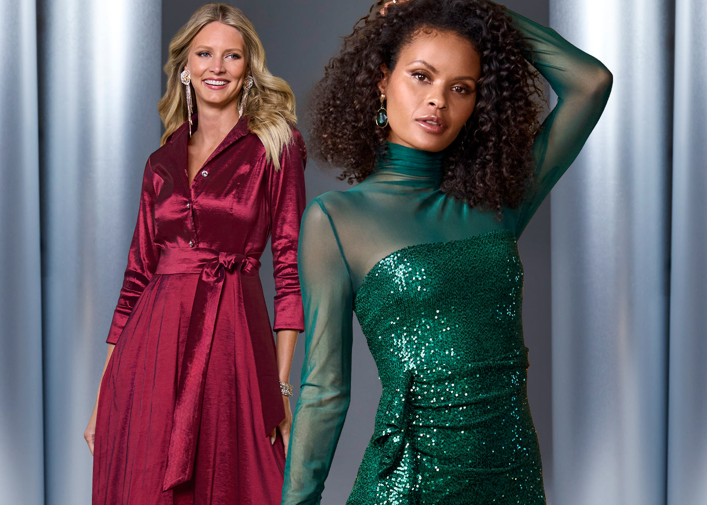 Model 1's wearing a maroon dress with statement earrings. Model 2's wearing a green sheer and sequin dress.