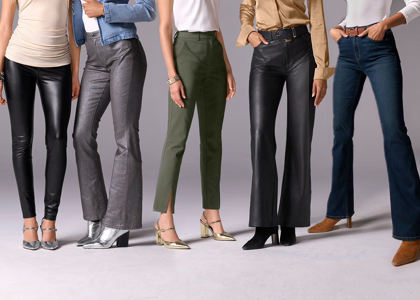 Models wearing our new fall bottoms collection in a variety of colors, fits and material.