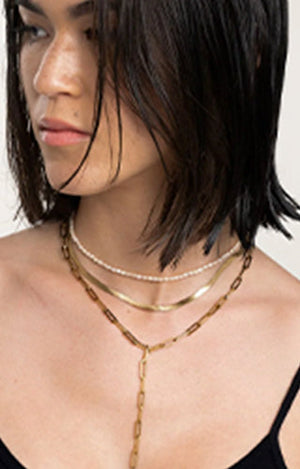 Models wearing layered necklaces.